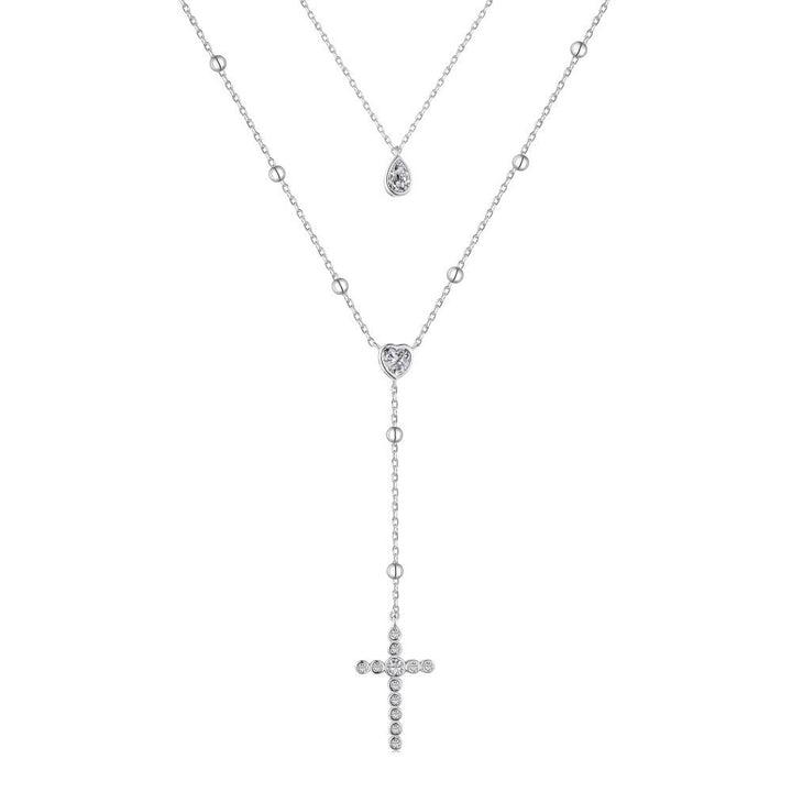 Collana due fili con croce, cuore e goccia