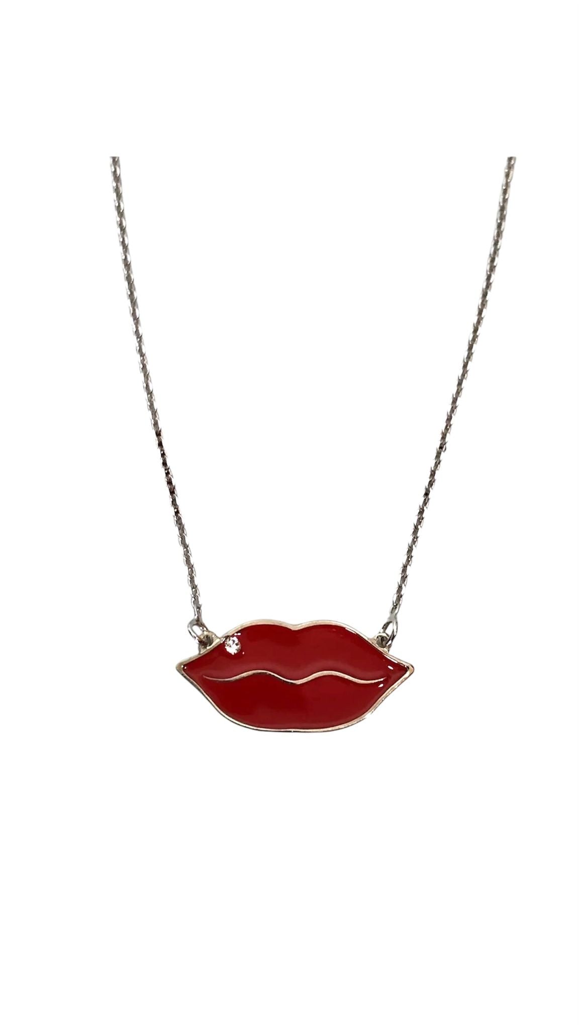 Collana Labbra con smalto rosso e pietra bianca