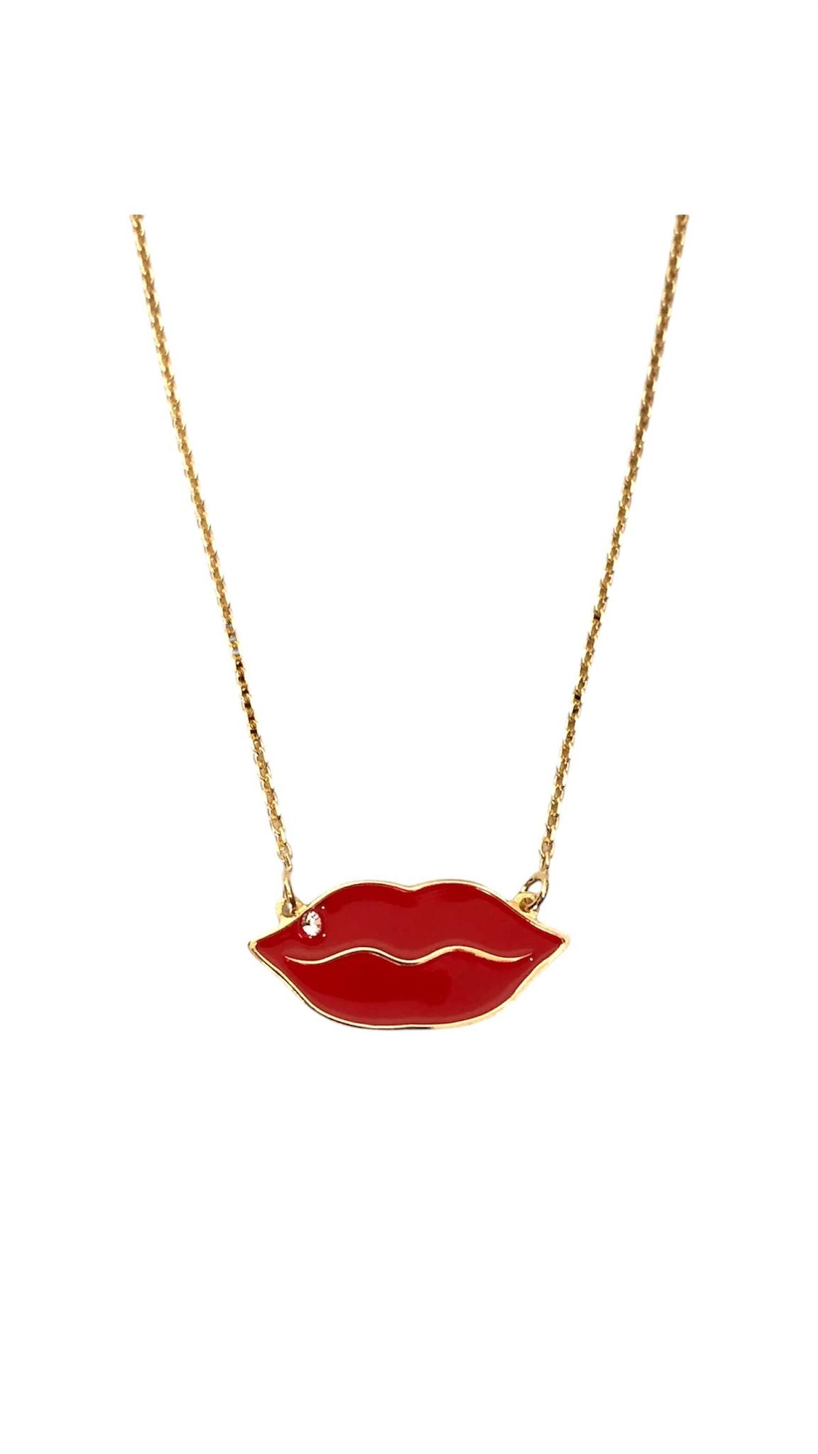Collana Labbra con smalto rosso e pietra bianca