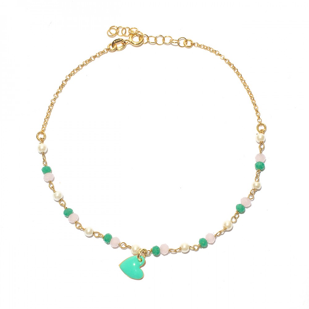 Cavigliera con cuore turchese e pietre rosa  turchese e perline