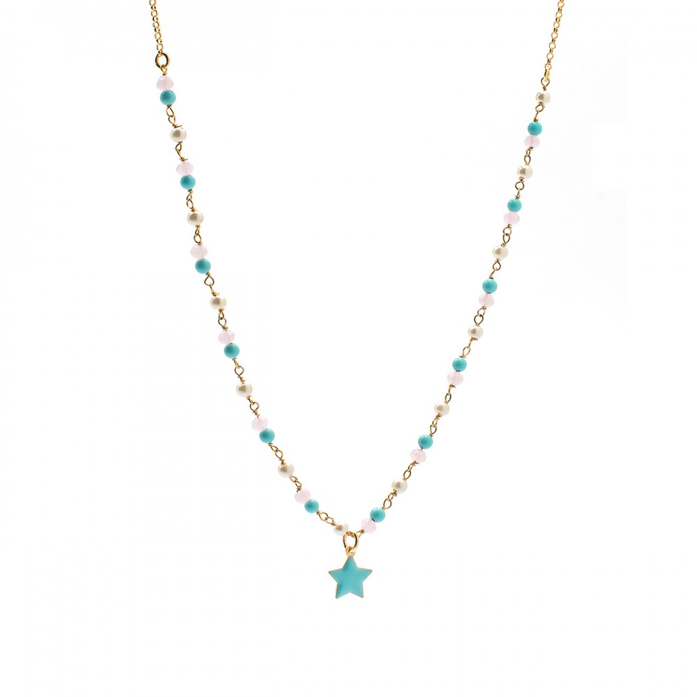 Collana con stella turchese e pietre rosa turchese e perline